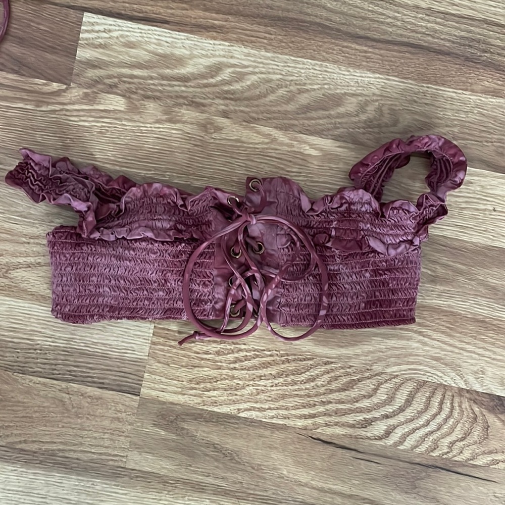 Blue Life Scrunched Off the Shoulder Top Sunset Tie Dye